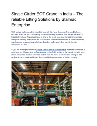 Single Girder EOT Crane in India – The reliable Lifting Solutions by Stalmac Ent