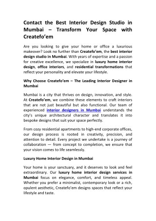 Contact Mumbai’s Luxury Interior Design Experts Createfo’em