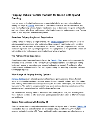 Fairplay: India’s Premier Platform for Online Betting and Gaming