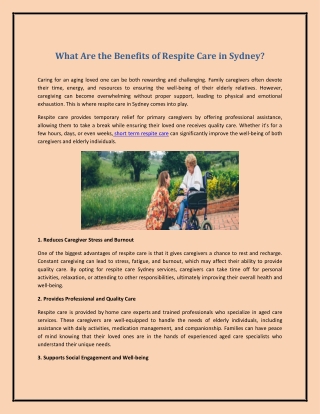 What Are the Benefits of Respite Care in Sydney?