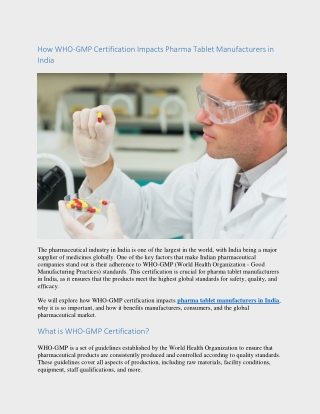 How WHO-GMP Certification Impacts Pharma Tablet Manufacturers in India