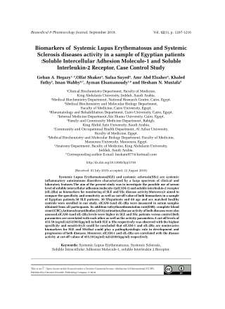 Biomarkers of  Systemic Lupus Erythematosus and Systemic Sclerosis Diseases Activity in a Sample of Egyptian Patients