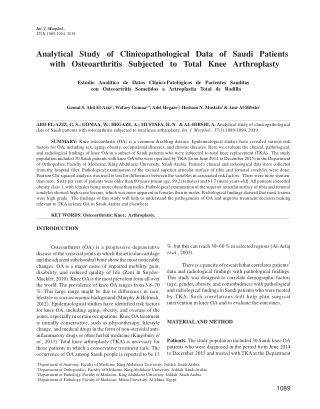 Analytical Study of Clinicopathological Data of Saudi Patients with Osteoarthritis Subjected to Total Knee Arthroplasty