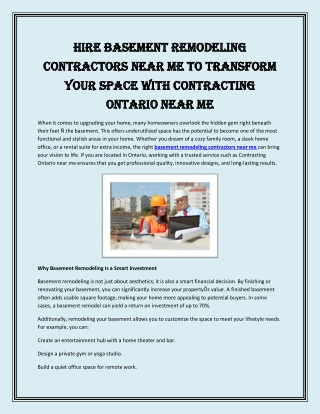 Hire Basement Remodeling Contractors Near Me to Transform Your Space with Contracting Ontario Near Me