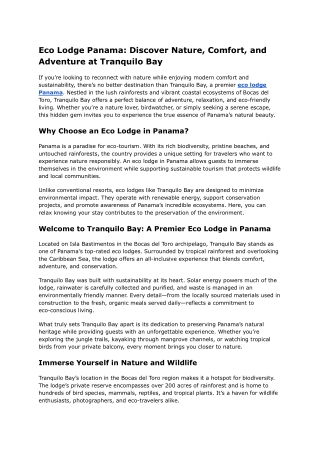 Eco Lodge Panama: Discover Nature, Comfort, and Adventure at Tranquilo Bay