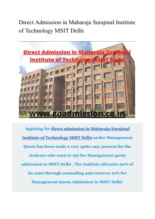 Direct Admission in Maharaja Surajmal Institute of Technology MSIT Delhi