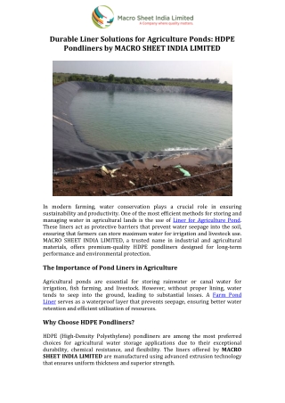 Durable Liner Solutions for Agriculture Ponds HDPE Pondliners by MACRO SHEET INDIA LIMITED
