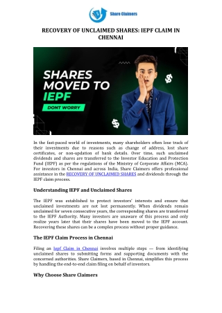 RECOVERY OF UNCLAIMED SHARES IEPF CLAIM IN CHENNAI