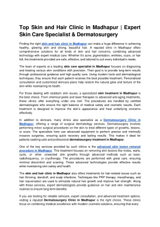 Top Skin and Hair Clinic in Madhapur _ Expert Skin Care Specialist & Dermatosurgery