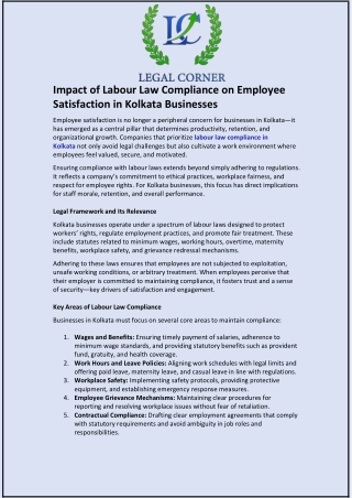 Impact of Labour Law Compliance on Employee Satisfaction in Kolkata Businesses