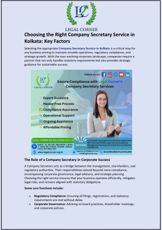 Choosing the Right Company Secretary Service in Kolkata and Key Factors