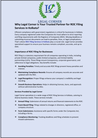 Why Legal Corner is Your Trusted Partner for ROC Filing Services in Kolkata
