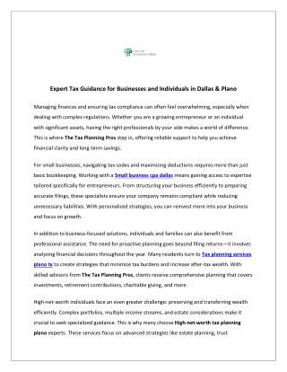 Expert Tax Guidance for Businesses and Individuals in Dallas & Plano   