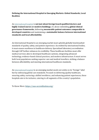 Defining the International Hospital in Emerging Markets Global Standards, Local Realities