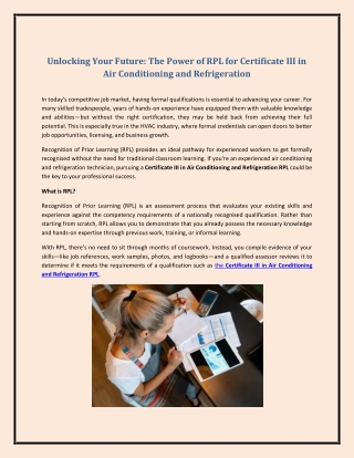 Unlocking Your Future: The Power of RPL for Certificate III in Air Conditioning