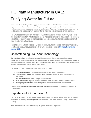 RO plant manufacturer and supplier in UAE_ Purifying water for the future