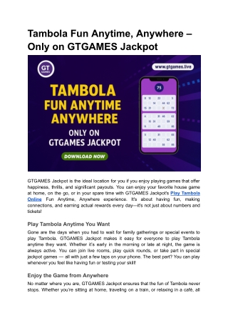 Tambola Fun Anytime, Anywhere – Only on GTGAMES Jackpot