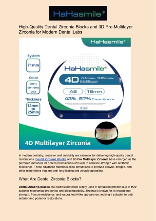 High-Quality Dental Zirconia Blocks and 3D Pro Multilayer Zirconia for Modern Dental Labs