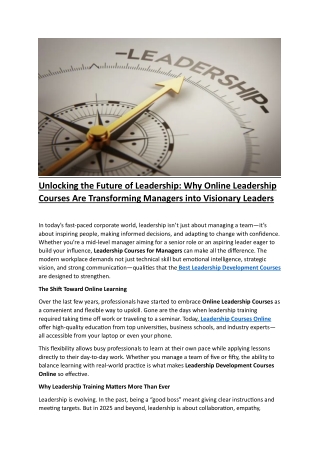 Leadership Courses Online for Professionals By Vishal Johri