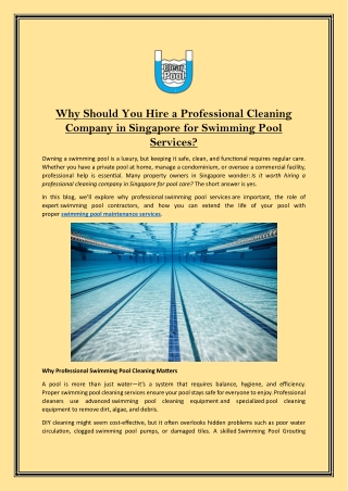 Why Should You Hire a Professional Cleaning Company in Singapore for Swimming Pool Services