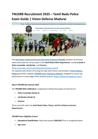 TNUSRB Recruitment 2025 – Tamil Nadu Police Exam Guide - Vision Defence Madurai