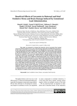 Beneficial effect of Curcumin in Maternal and Fetal Oxidative Stress and Brain Damage Induced by Gestational Lead Admini