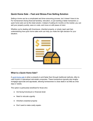 Quick Home Sale – Fast and Stress-Free Selling Solution
