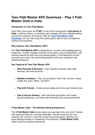 Teen Patti Master APK Download – Play 3 Patti Master Gold in India