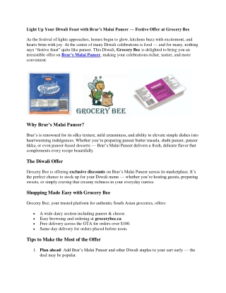 Light Up Your Diwali Feast with Brar’s Malai Paneer — Festive Offer at Grocery Bee