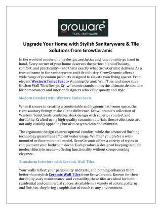 Upgrade Your Home with Stylish Sanitaryware & Tile Solutions from GrowCeramic