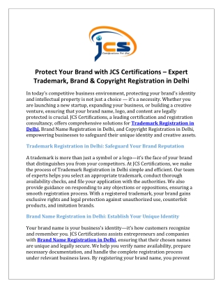Protect Your Brand with JCS Certifications – Expert Trademark, Brand & Copyright Registration in Delhi