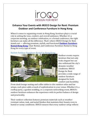Enhance Your Events with IROCO Design for Rent Premium Outdoor and Conference Furniture in Hong Kong