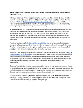 Master Python and Computer Science with Expert Classes in Rohini and Pitampura – Tech MindGuru