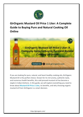 GirOrganic Mustard Oil Price 1 Liter- A Complete Guide to Buying Pure and Natural Cooking Oil Online