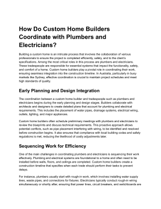 How Do Custom Home Builders Coordinate with Plumbers and Electricians