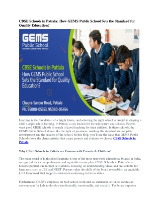 CBSE Schools in Patiala How GEMS Public School Sets the Standard for Quality Education