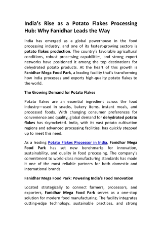 India’s Growth in Potato Flakes Processing Fanidhar Mega Food Park