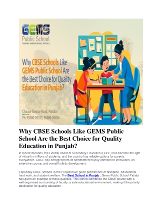 Why CBSE Schools Like GEMS Public School Are the Best Choice for Quality Education in Punjab