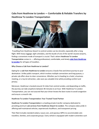 Cabs from Heathrow to London | Heathrow To London Transportation - Fast & Luxury