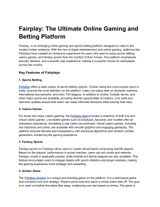 Fairplay: The Ultimate Online Gaming and Betting Platform