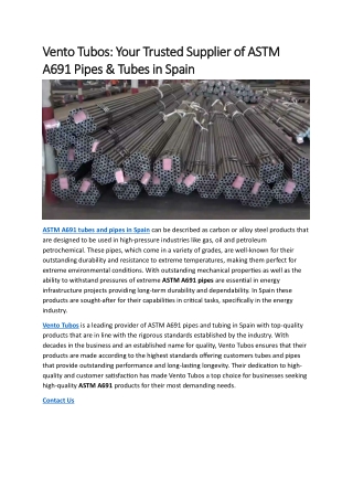 Vento Tubos: Your Trusted Supplier of ASTM A691 Pipes & Tubes in Spain