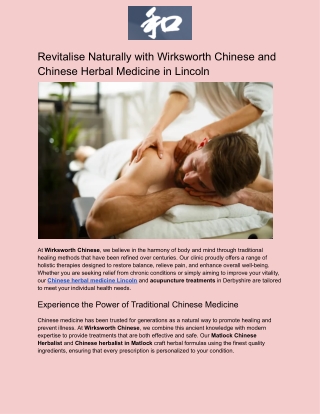 Wirksworth Chinese | Chinese Herbal Medicine Lincoln & Acupuncture Matlock