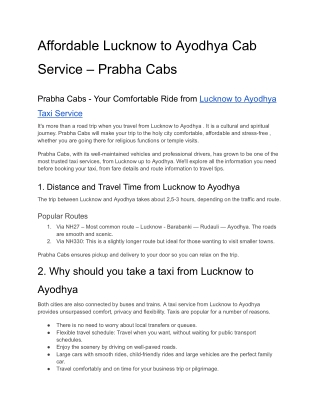 Affordable Lucknow to Ayodhya Cab Service – Prabha Cabs