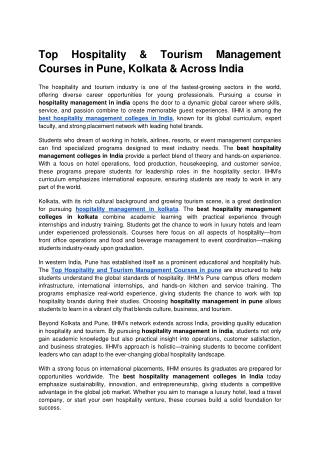 Top Hospitality & Tourism Management Courses in Pune, Kolkata & Across India