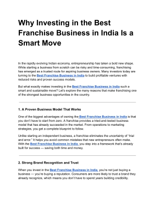 Why Investing in the Best Franchise Business in India Is a Smart Move