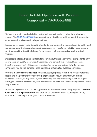 Ensure Reliable Operations with Premium Component – 5960-00-617-8811