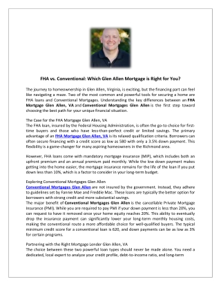 FHA vs. Conventional: Which Glen Allen Mortgage is Right for You?