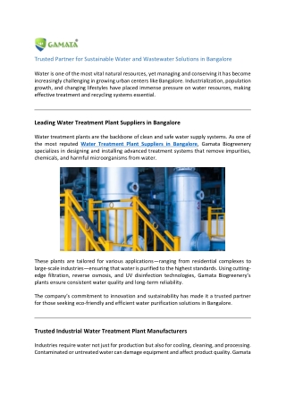 Trusted Partner for Sustainable Water and Wastewater Solutions in Bangalore-oct13