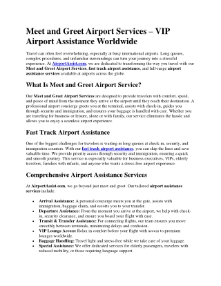 Meet and Greet Airport Services – VIP Airport Assistance Worldwide