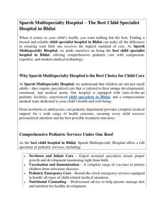 Sparsh Multispecialty Hospital – The Best Child Specialist Hospital in Bhilai